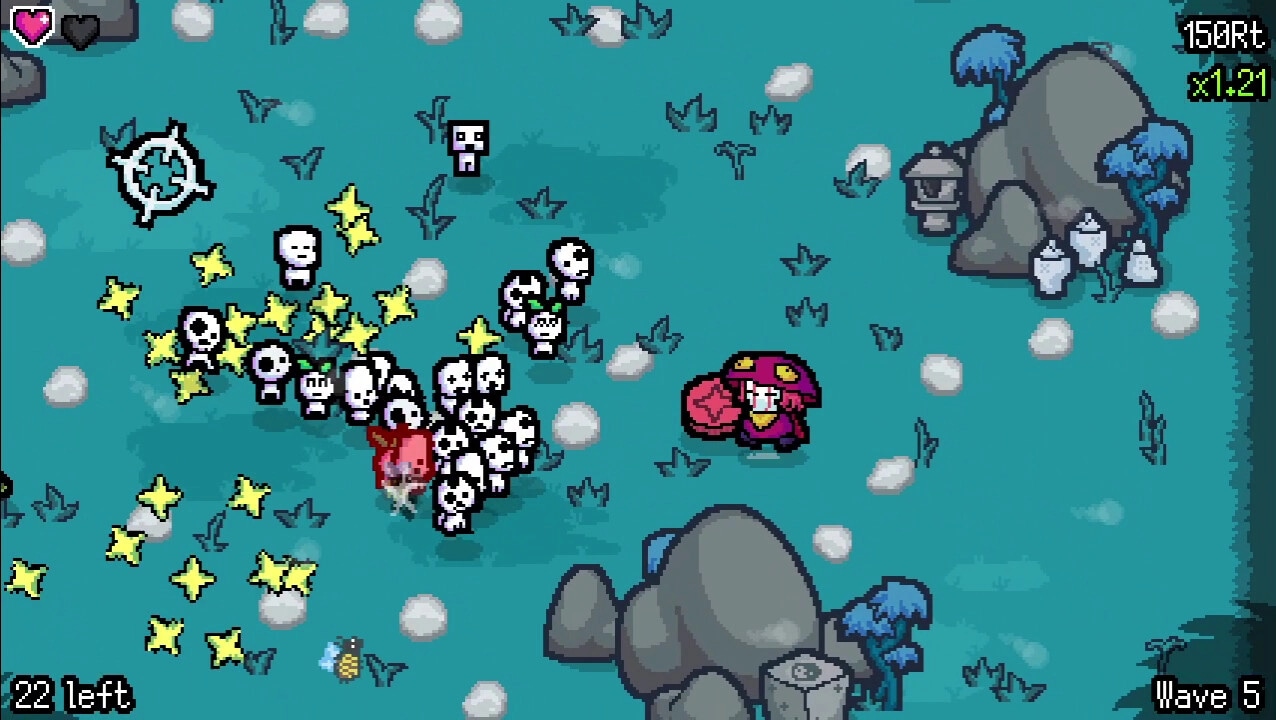 GIMMIKO: Player character battles skull enemies in a grassy field with score and wave indicators.