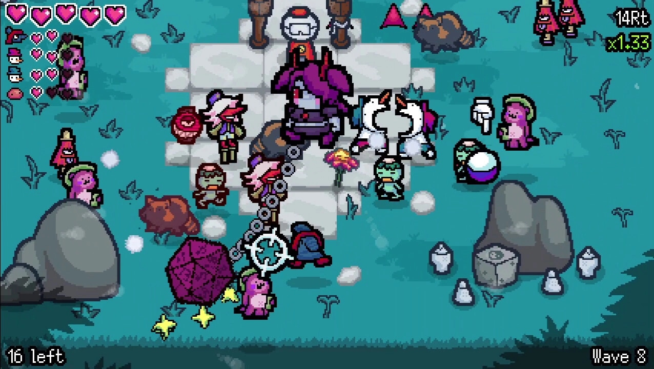 GIMMIKO: Player character battles demons in a vibrant field with health and score displayed on screen.
