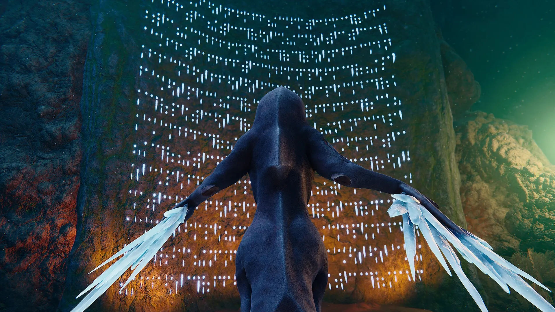 Glaciered: Tuai character with icy wings stands in front of illuminated cave wall with mysterious symbols