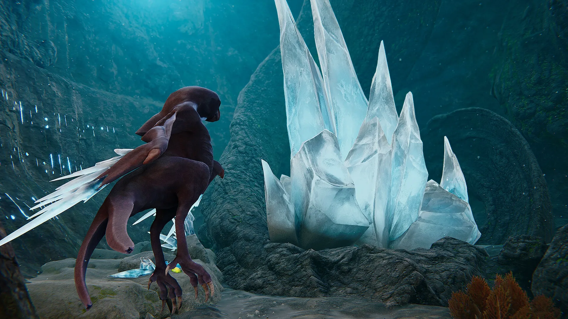 Glaciered: Tuai observes a large ice crystal formation in an underwater cave environment