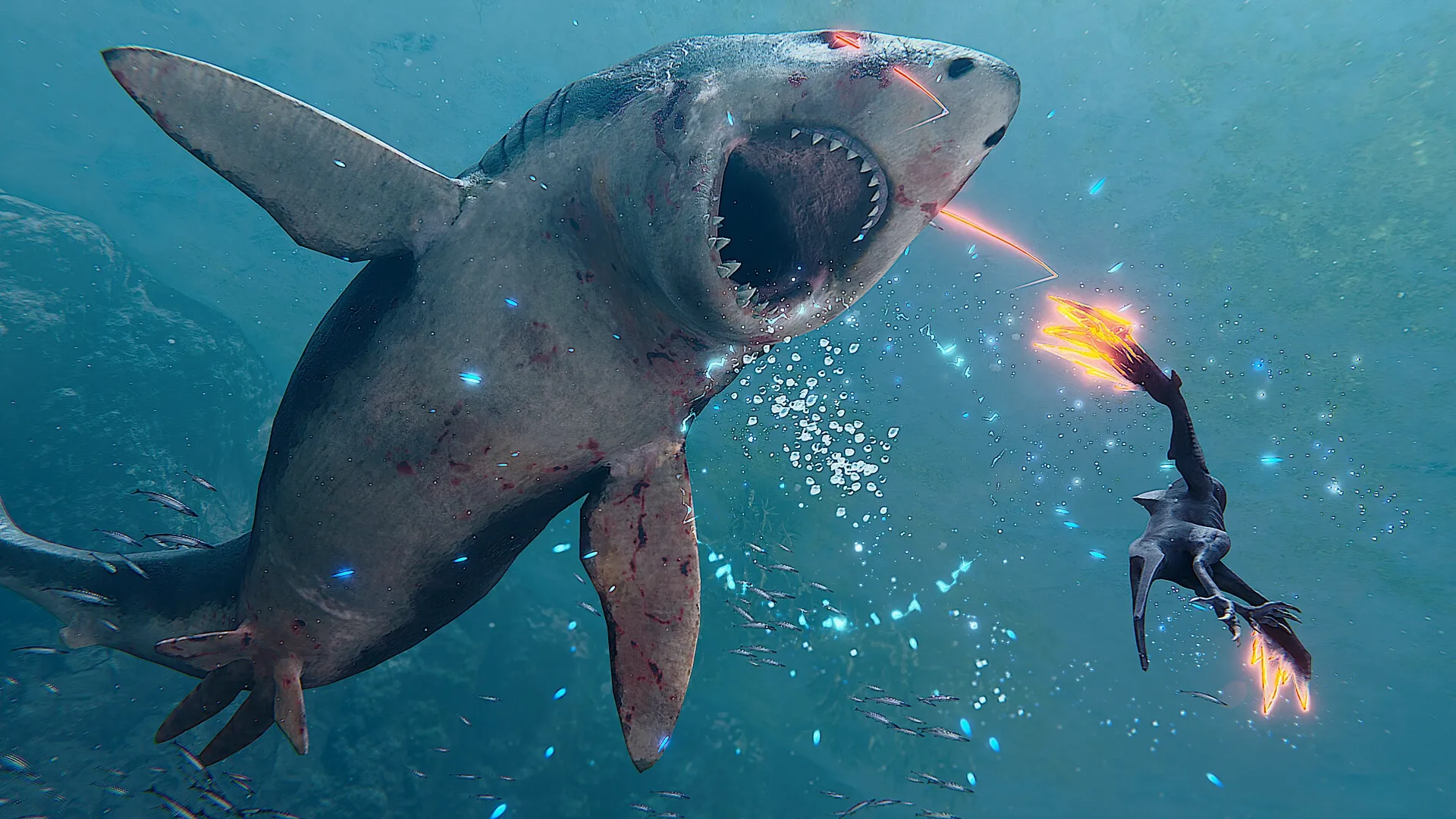 Glaciered: Tuai battling a giant shark-like creature underwater with glowing fins in a frozen ocean realm