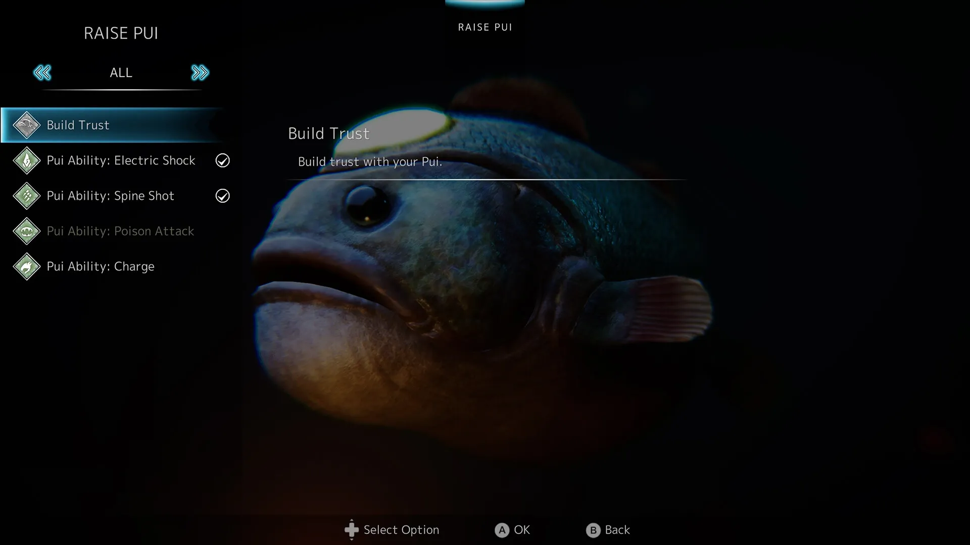 Glaciered: Raise Pui menu with options for building trust and selecting abilities in dark underwater setting
