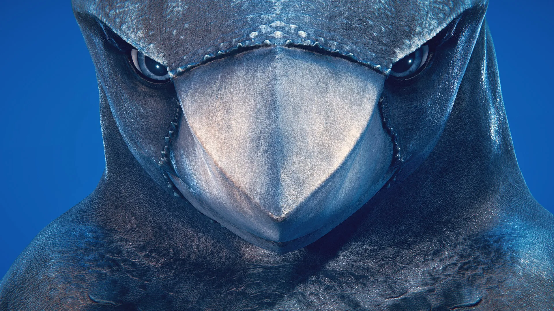 Glaciered: Close-up of Tuai character's face with intricate textures, set against a deep blue background.