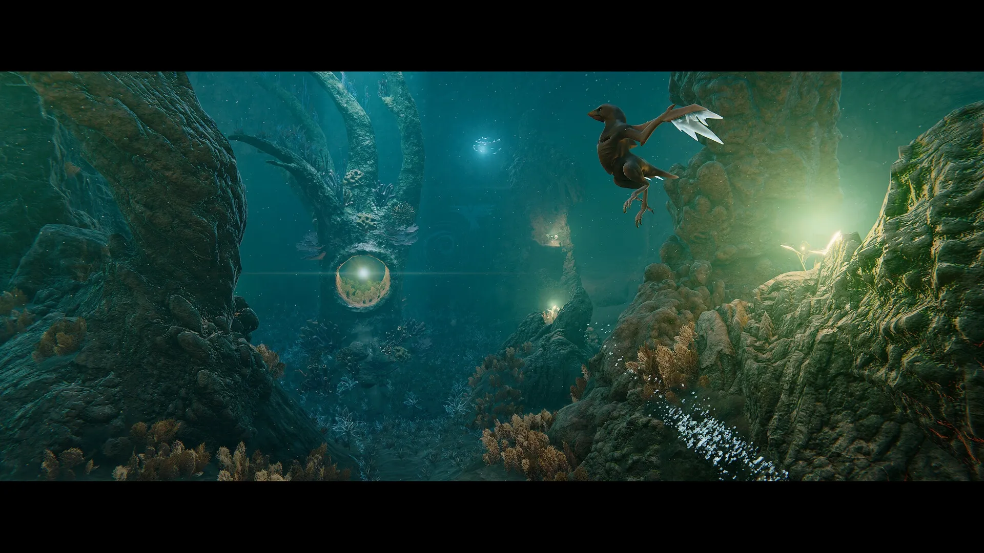 Glaciered: Tuai gliding through vibrant underwater canyon with glowing plants and ancient structures