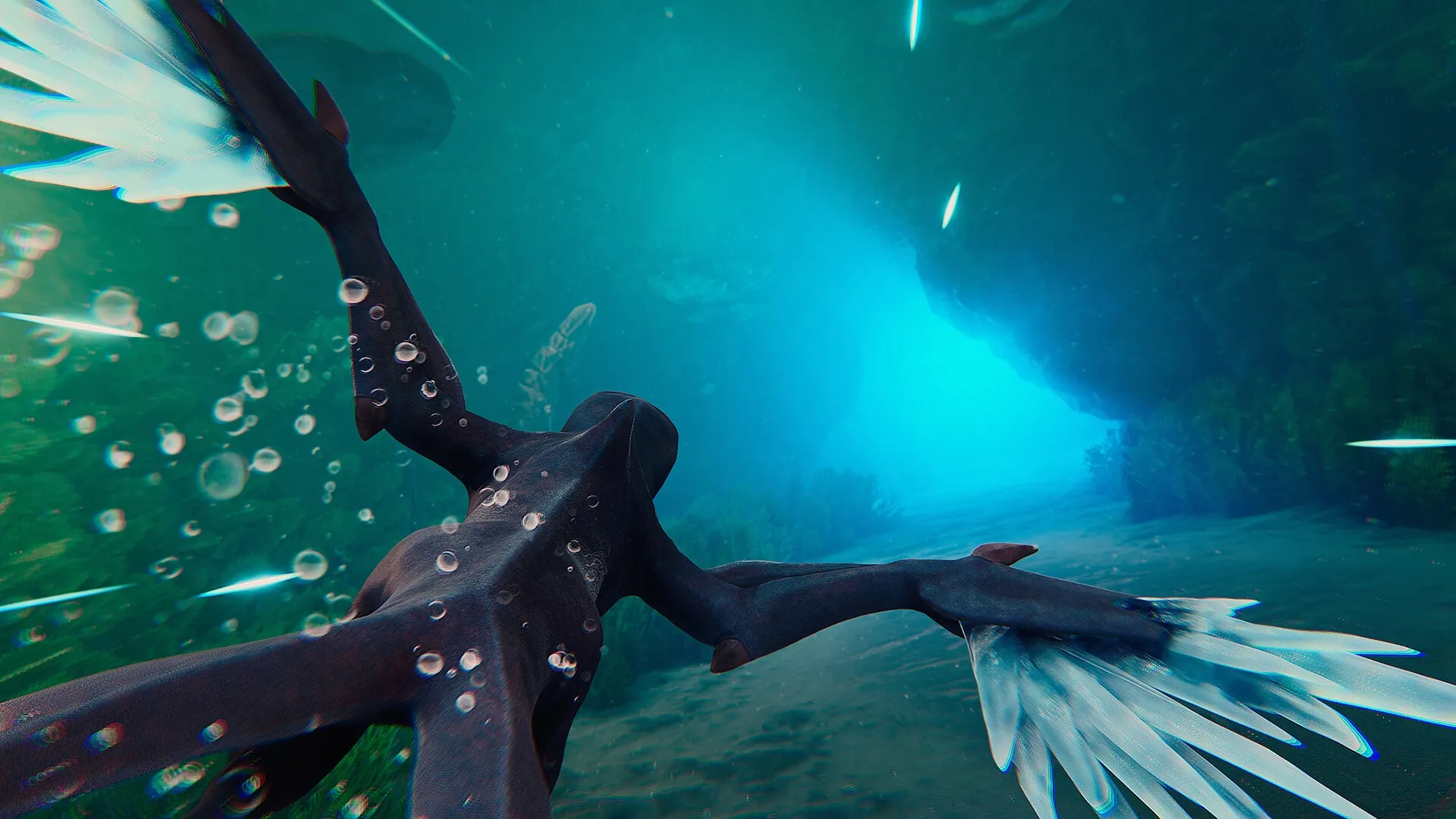 Glaciered: Tuai character swimming through a vibrant underwater tunnel illuminated by glowing blue light