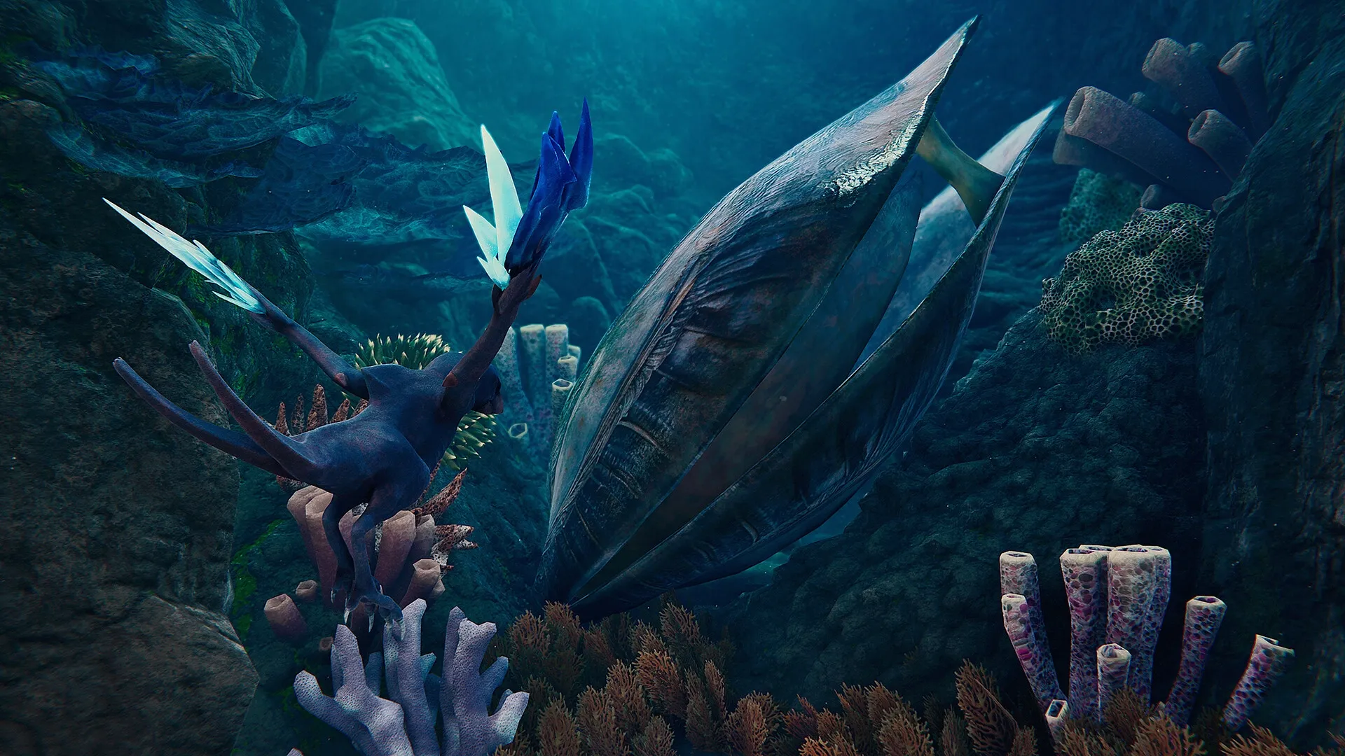 Glaciered: Tuai navigating vibrant coral formations in a deep underwater landscape