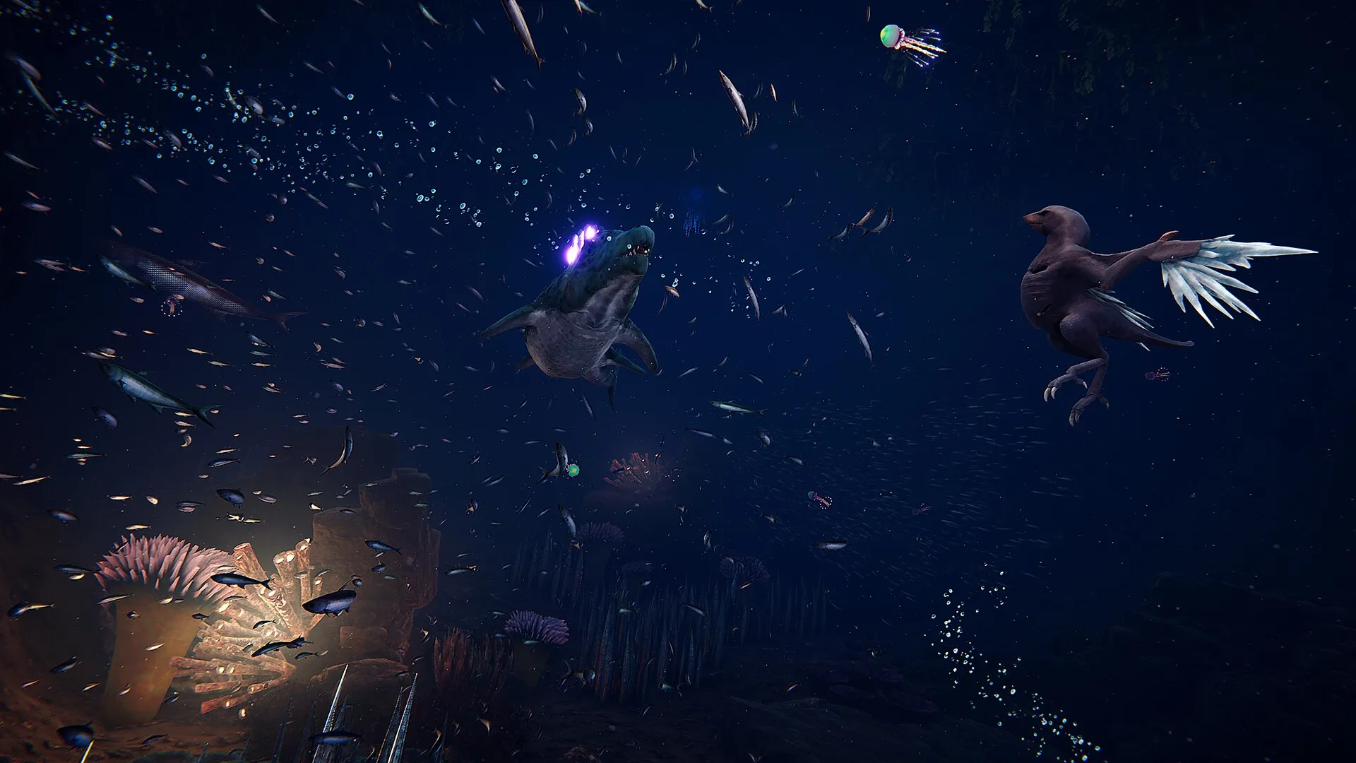 Glaciered: Tuai engages in underwater combat with a glowing creature in a dark, coral-filled ocean setting.