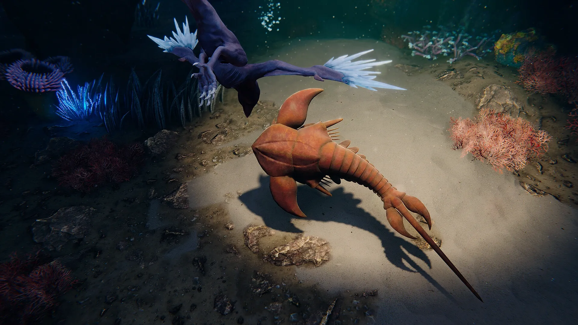 Glaciered: Tuai creature soaring over ocean floor with vibrant corals and mysterious sea creatures