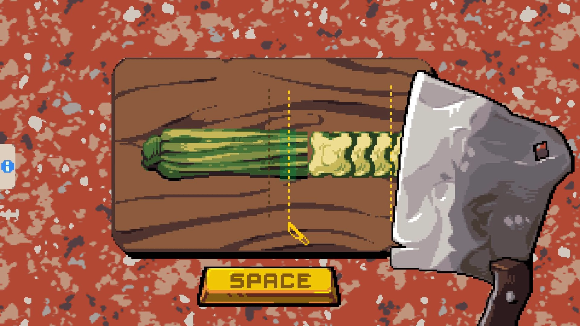 GladiEATers: Chopping minigame with cleaver slicing vegetable on wooden board, press SPACE to cut