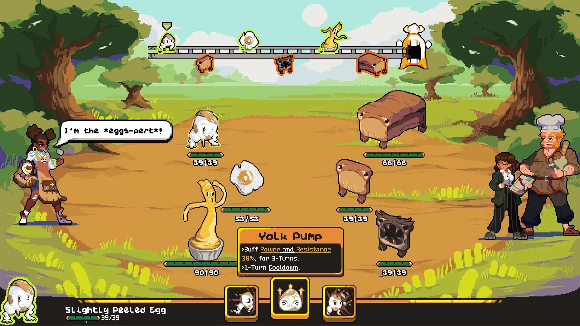 GladiEATers: Battle scene with food characters and chefs in a grassy field, displaying Yolk Pump skill.
