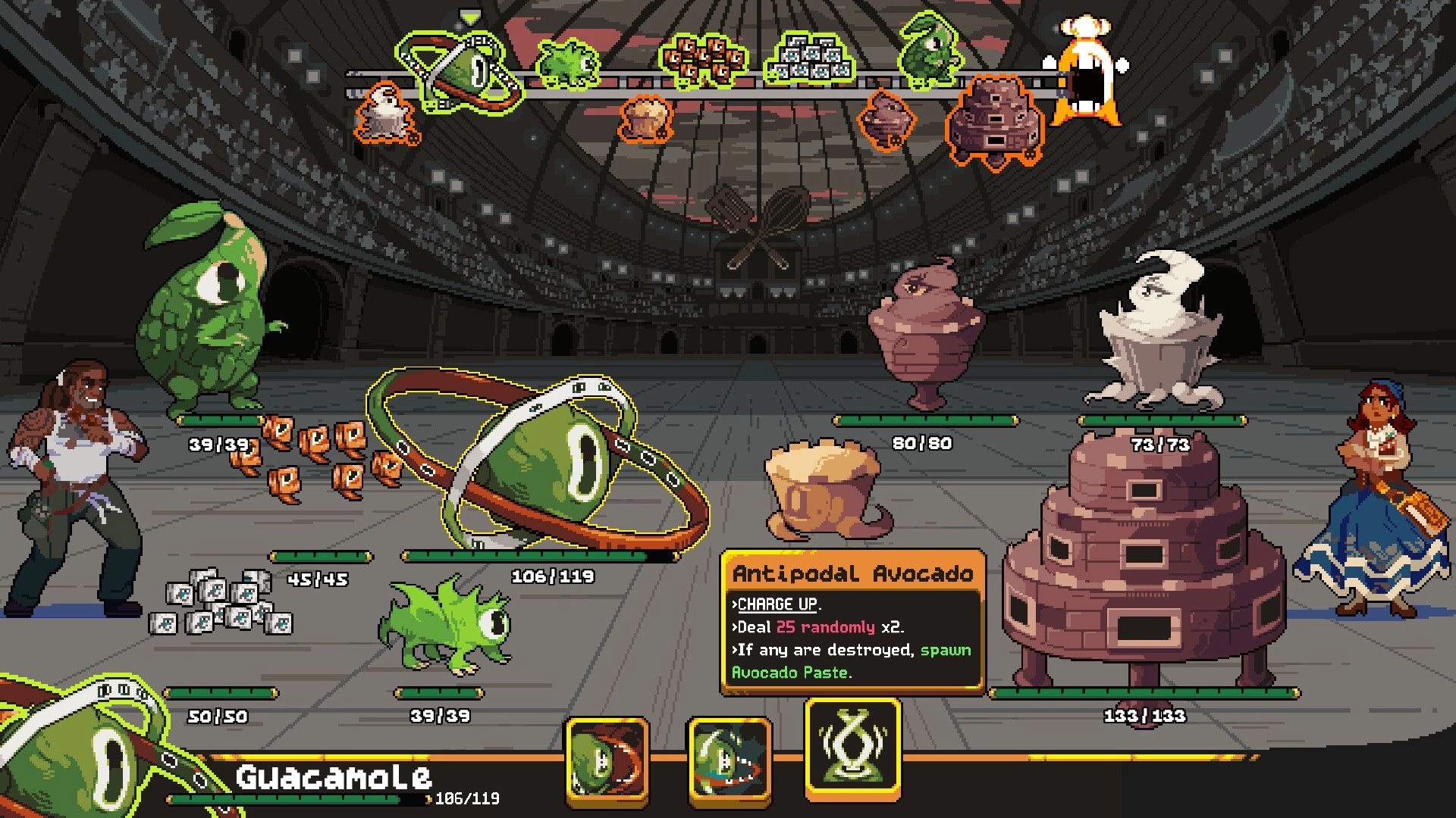 GladiEATers: 6v6 battle in arena with health bars, avatars, and Antipodal Avocado skill description.