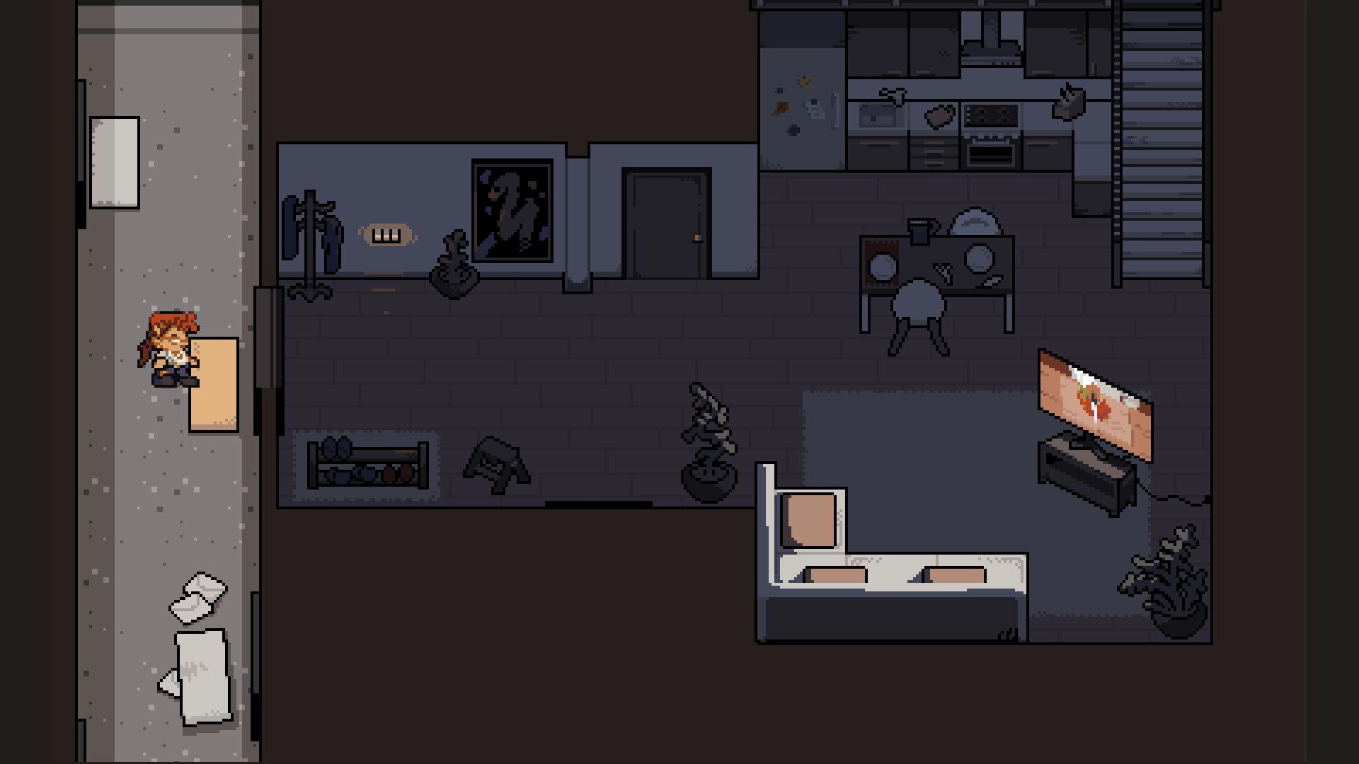 GladiEATers: Character navigating cozy apartment with kitchen, TV, and various household items.