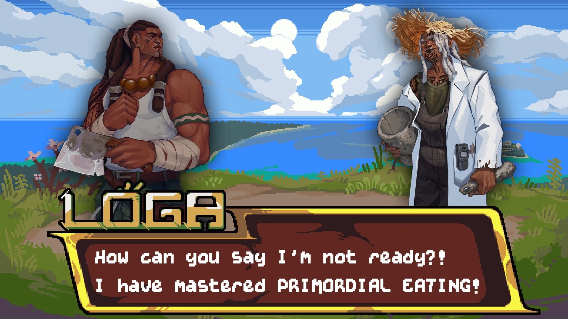 GladiEATers: Lōga and rival chef confront each other in a vibrant coastal landscape with dialogue box.