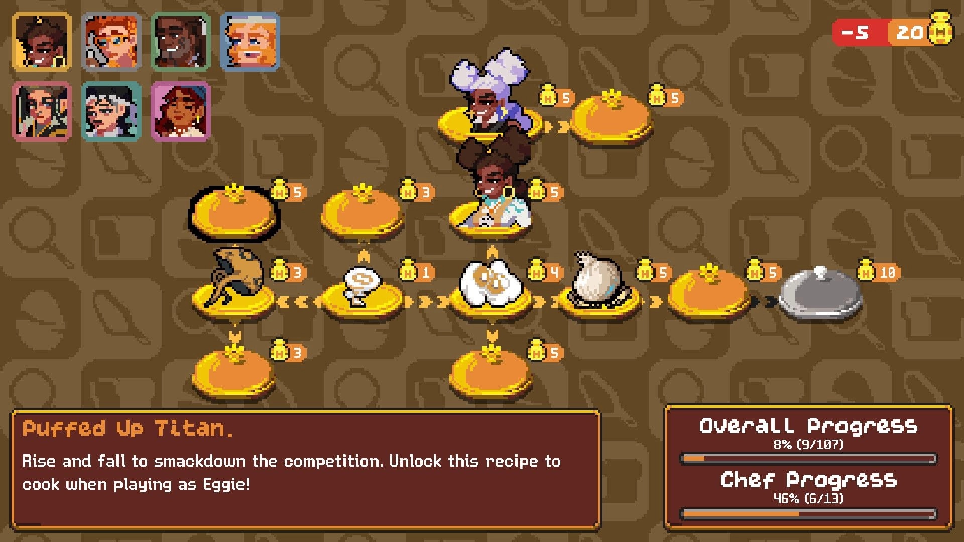 GladiEATers: Character and recipe selection screen with progress bars in a cooking-themed interface