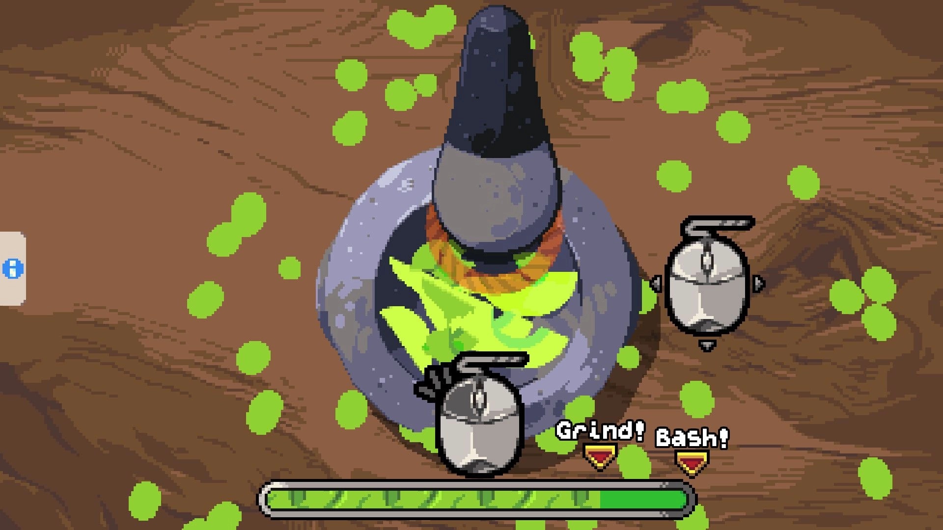 GladiEATers: Grinding ingredients in a mortar for a cooking minigame with UI prompts on a wooden table.