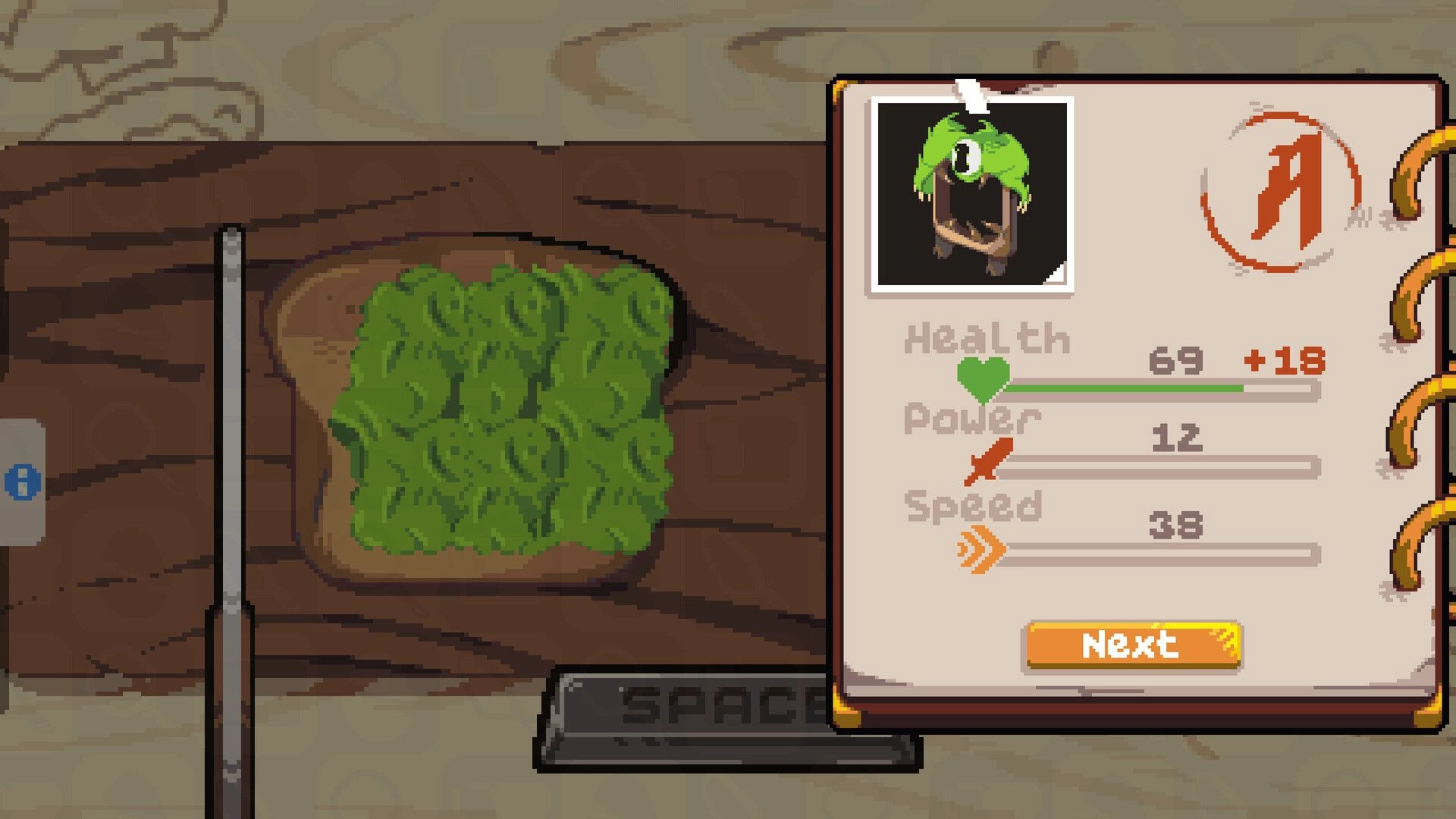 GladiEATers: Character stats menu with green creature card and health, power, speed details in kitchen setting