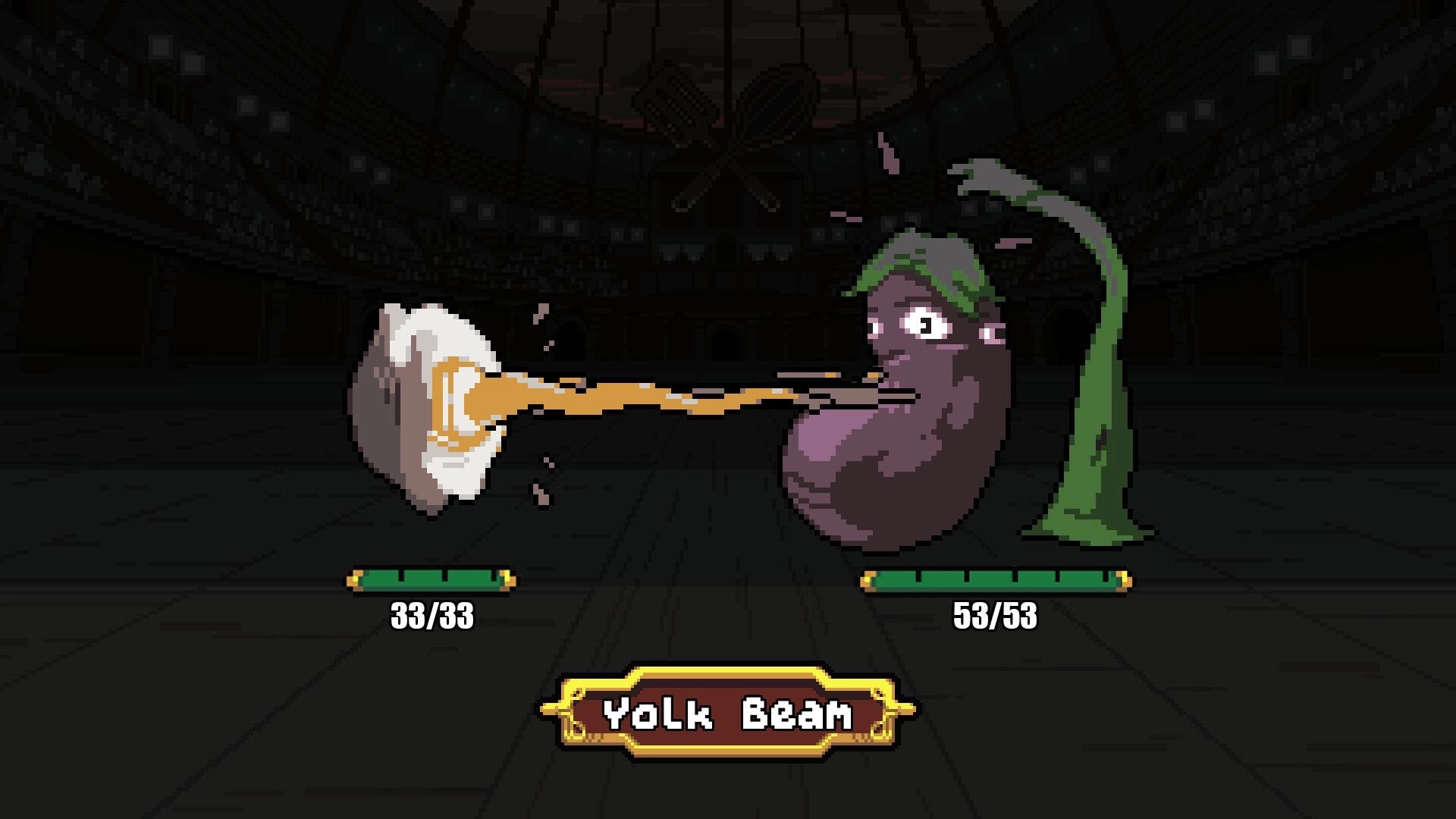 GladiEATers: Egg character attacks bean with yolk beam in dark arena setting, health bars visible.
