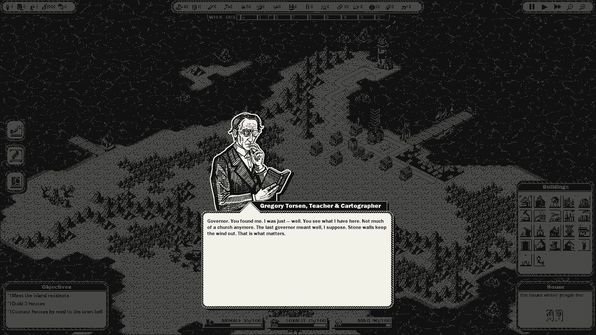 GlagStone: Dialogue with Gregory Torsen over snowy island map, building palette and UI panels visible.