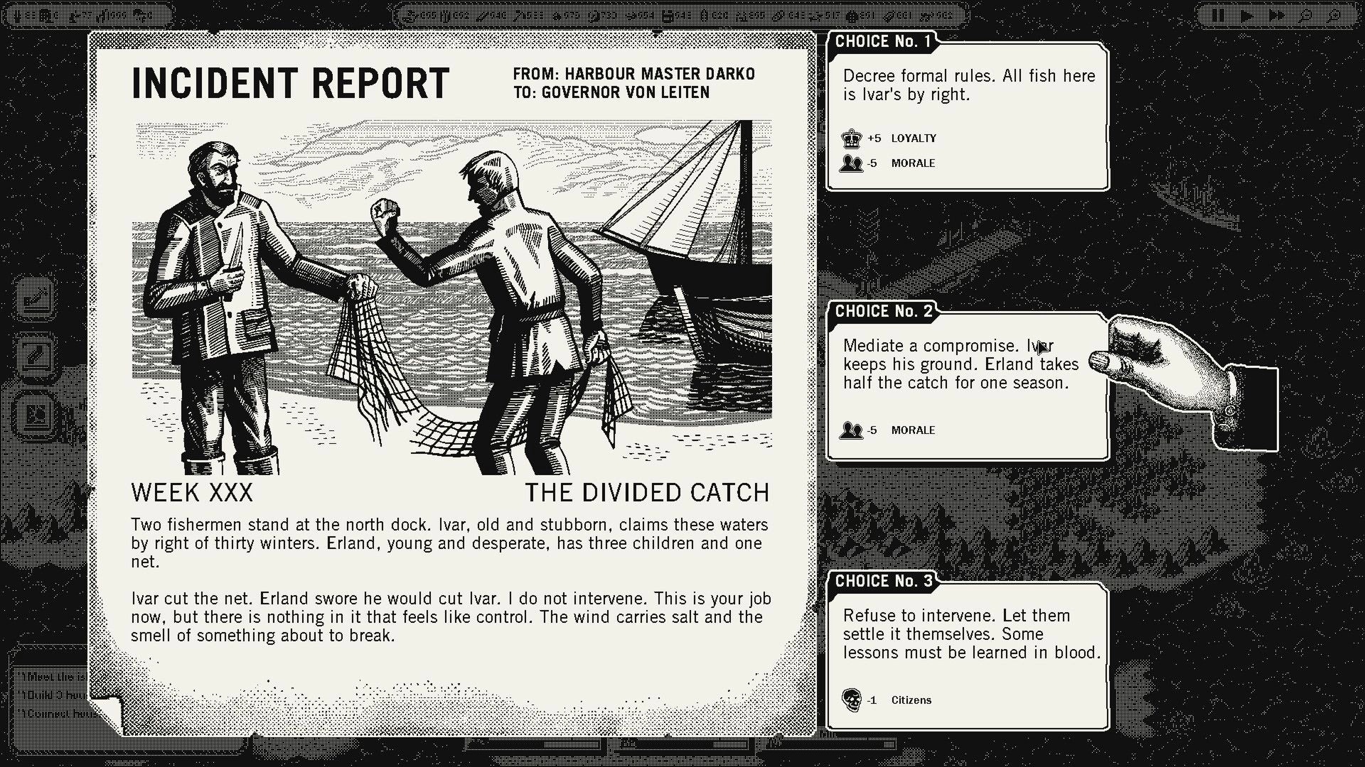 GlagStone: Incident report event with fishermen dispute illustration and three decision cards on right UI.