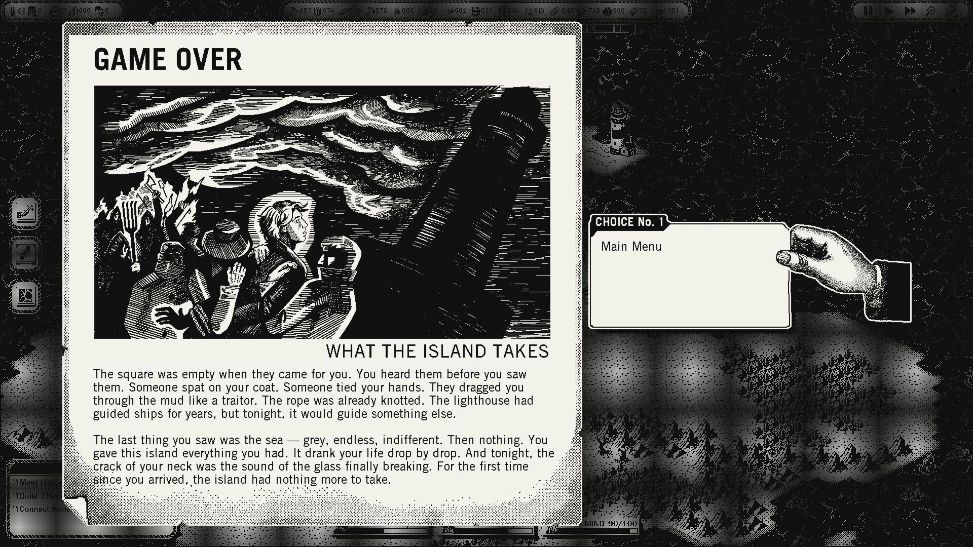 GlagStone: Game Over story panel with mob and lighthouse art, choice card offers Main Menu option.
