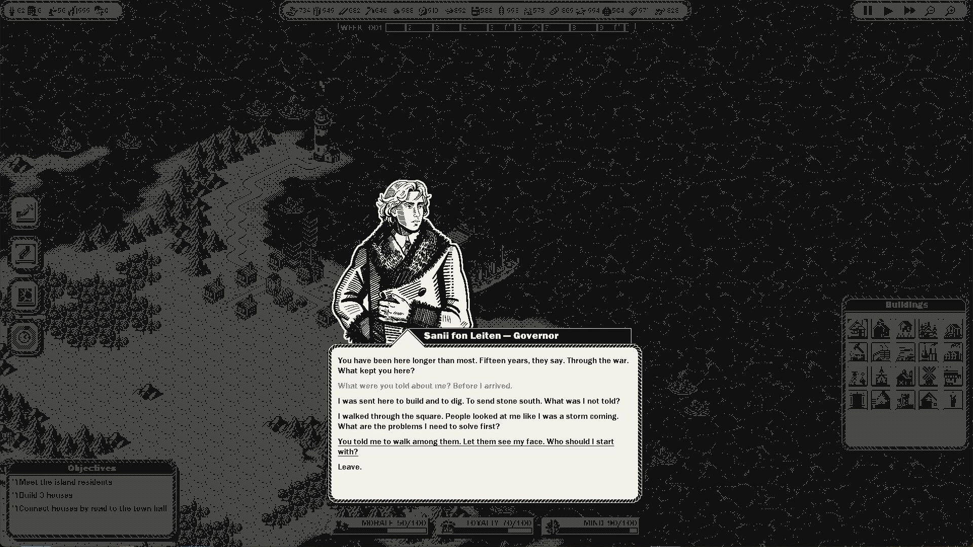 GlagStone: Dialogue with Sanii fon Leiten, Governor over snowy island map with building icons panel.