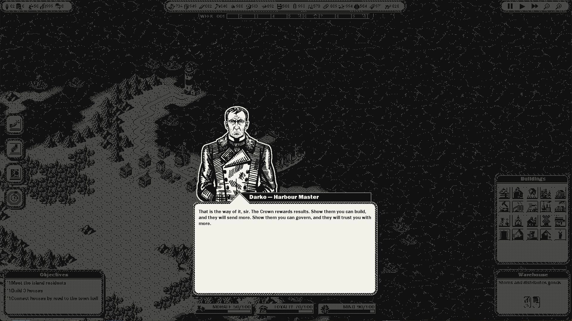 GlagStone: Dialogue with Darko the Harbour Master over island map, with build icons and menus visible.