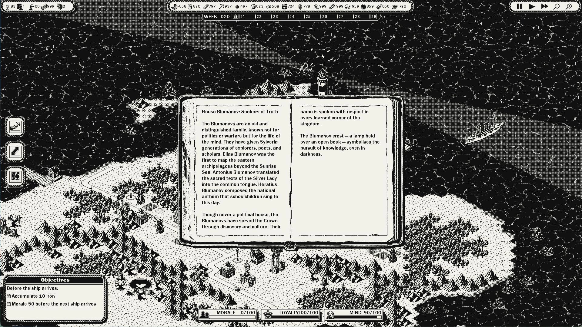 GlagStone: Lore book entry open over island map UI with resources bar, objectives, and ship at sea.