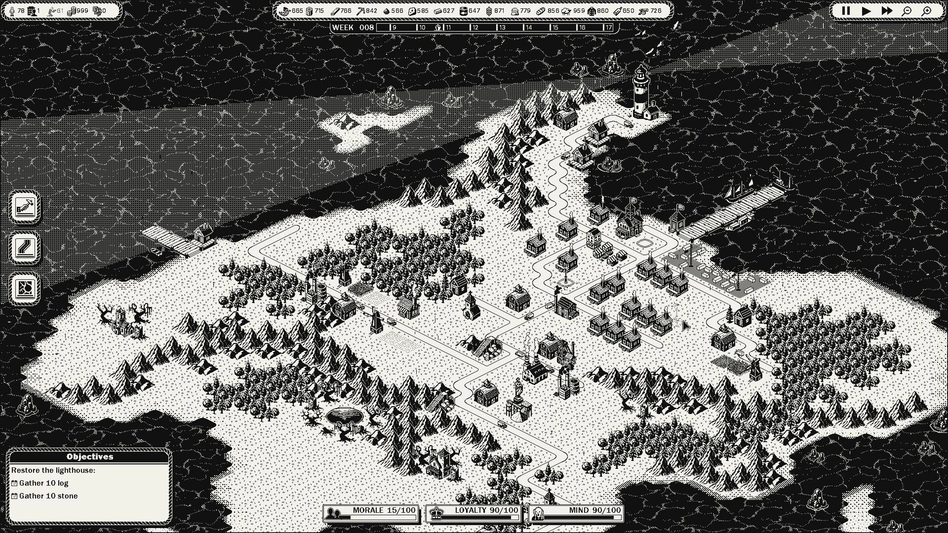 GlagStone: Island settlement overview with roads, houses, docks and lighthouse, plus objectives panel UI.