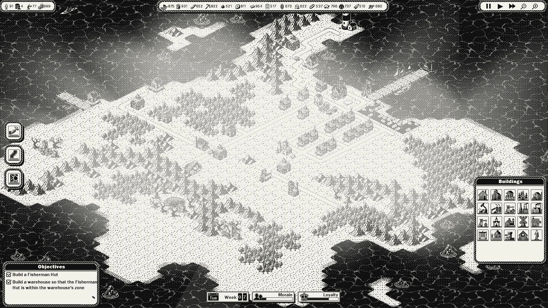 GlagStone: Island settlement map with roads and plots, Buildings menu open and objectives listed UI.