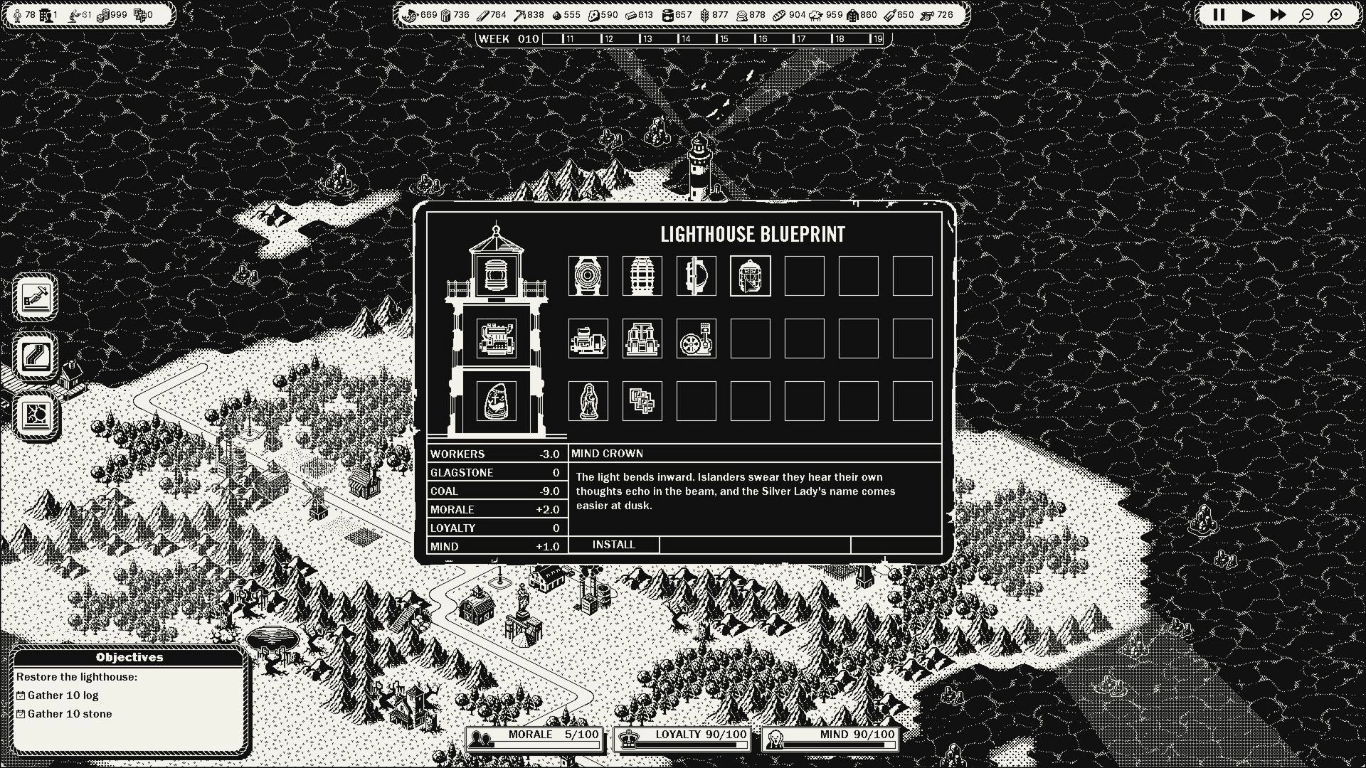 GlagStone: Lighthouse blueprint install menu over island map with resources bar and objectives panel.