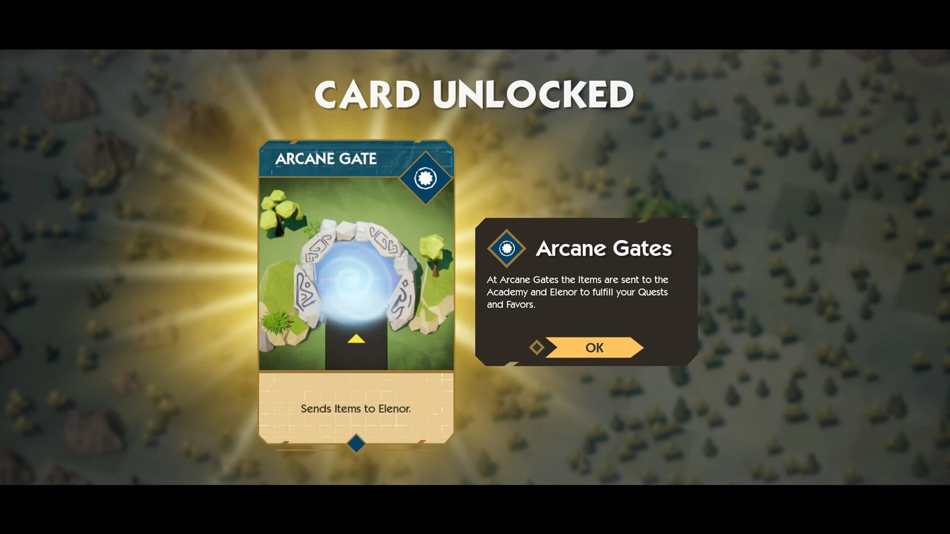 Glintland: Arcane Gate card unlocked with glowing portal, sending items to Elenor in forest map.