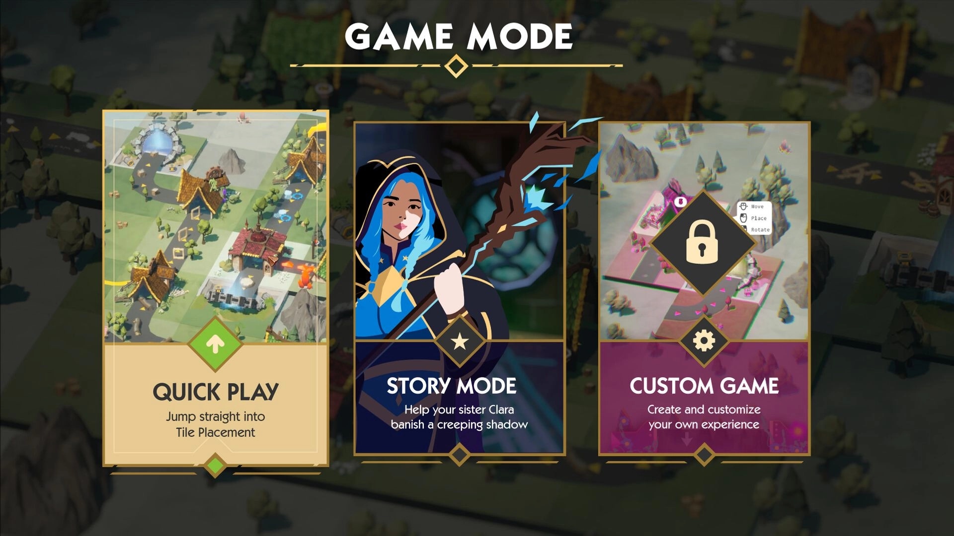 Glintland: Game mode selection with options for Quick Play, Story Mode, and locked Custom Game