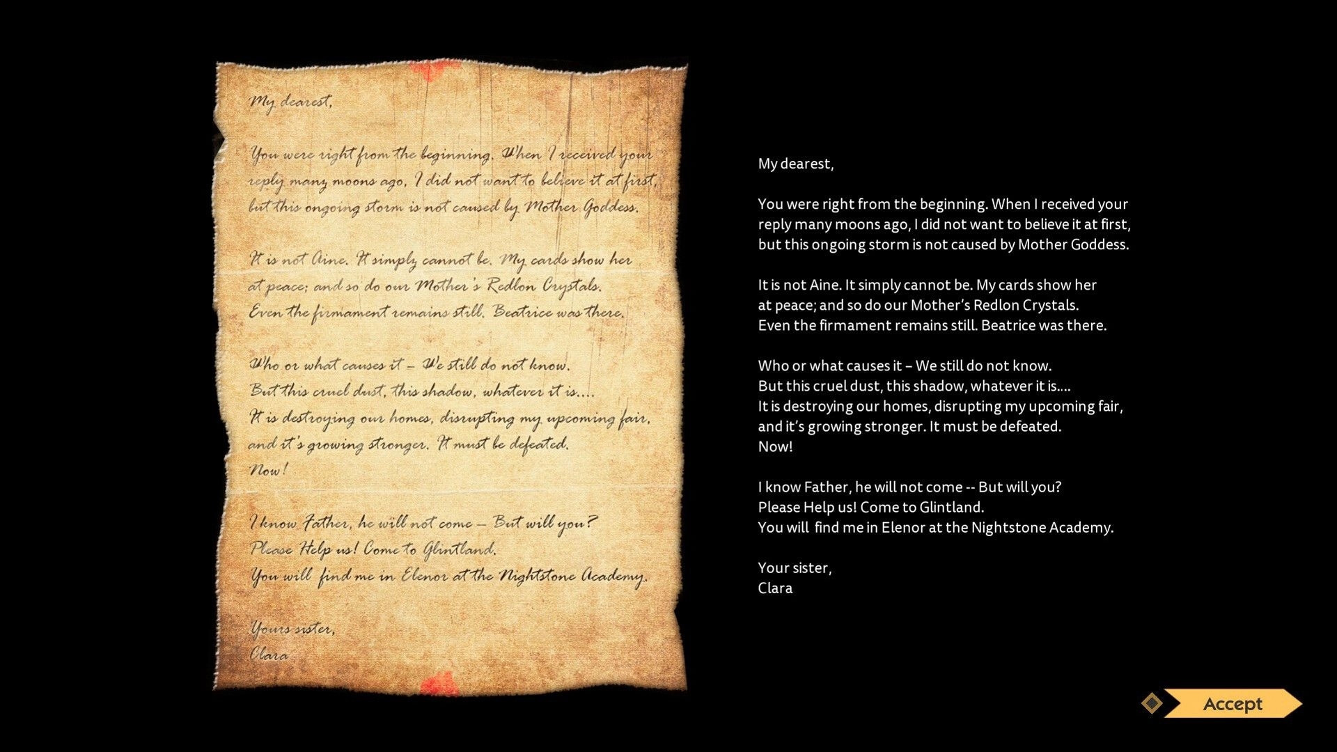 Glintland: Letter from Clara invites player to join Nightstone Academy, with "Accept" button visible.