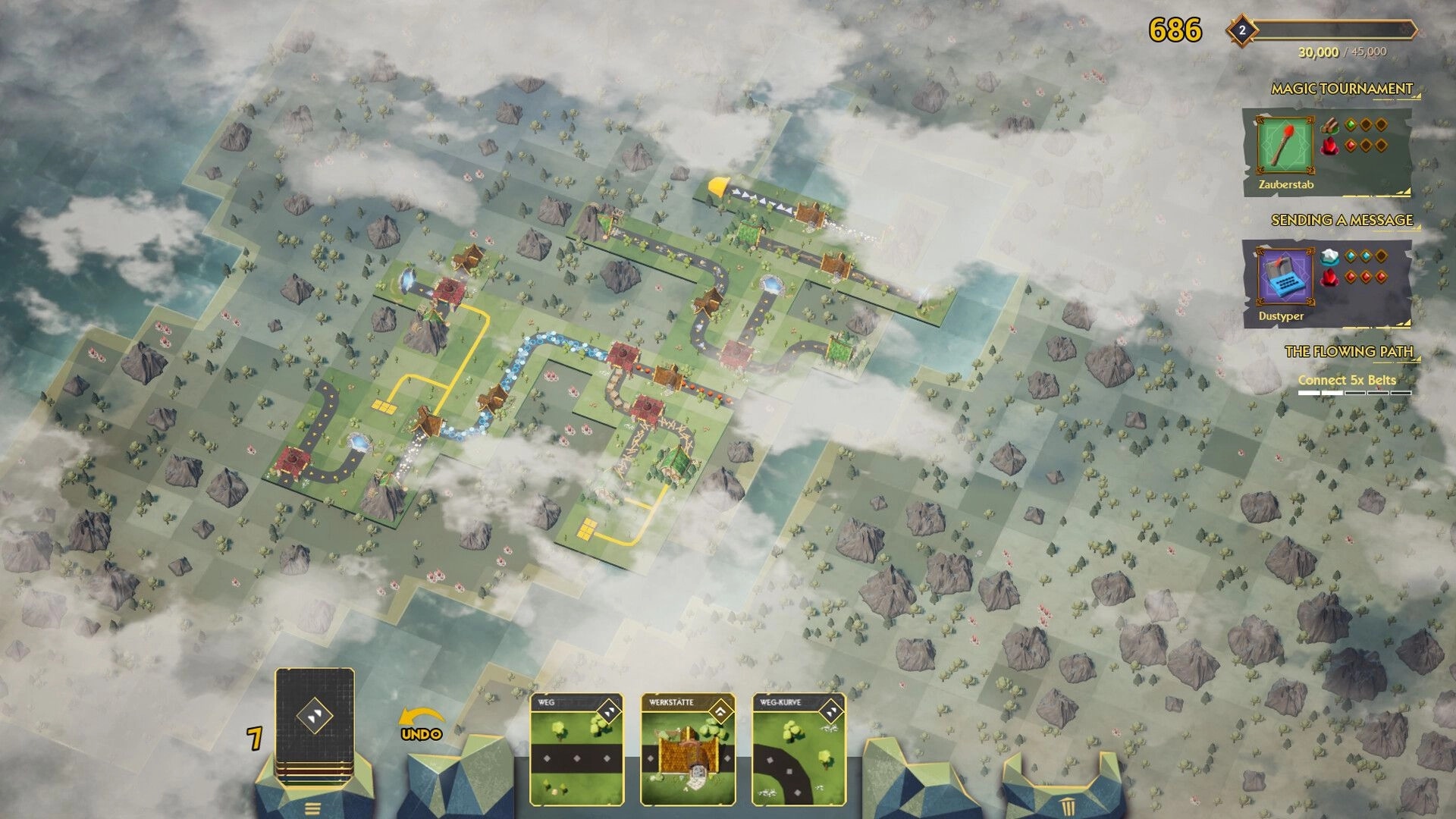 Glintland: Overhead map view with roads, buildings, and UI showing tasks and inventory in cloudy terrain.