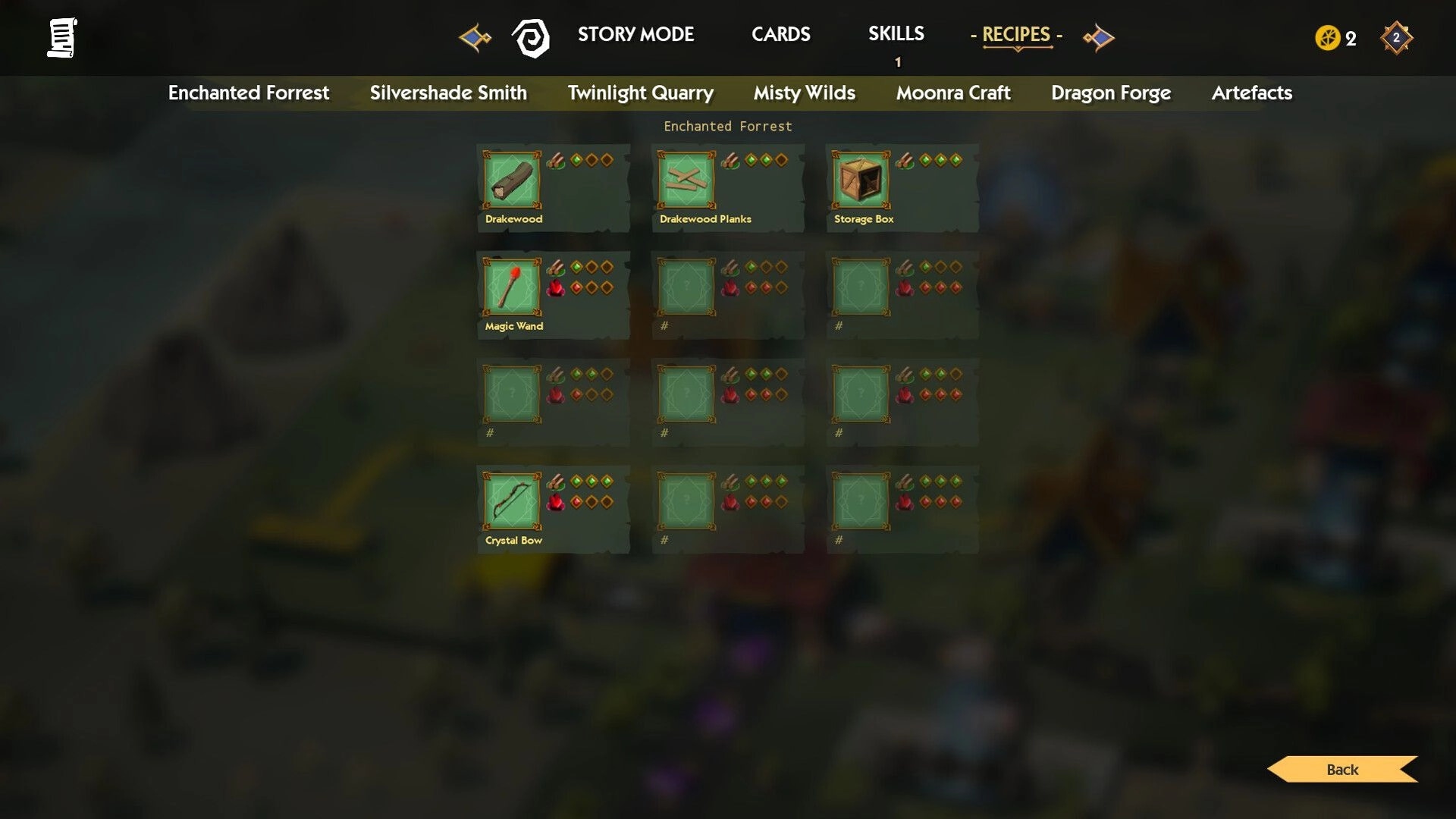 Glintland: Crafting menu in Enchanted Forest with items like Magic Wand, Drakewood Planks, Crystal Bow