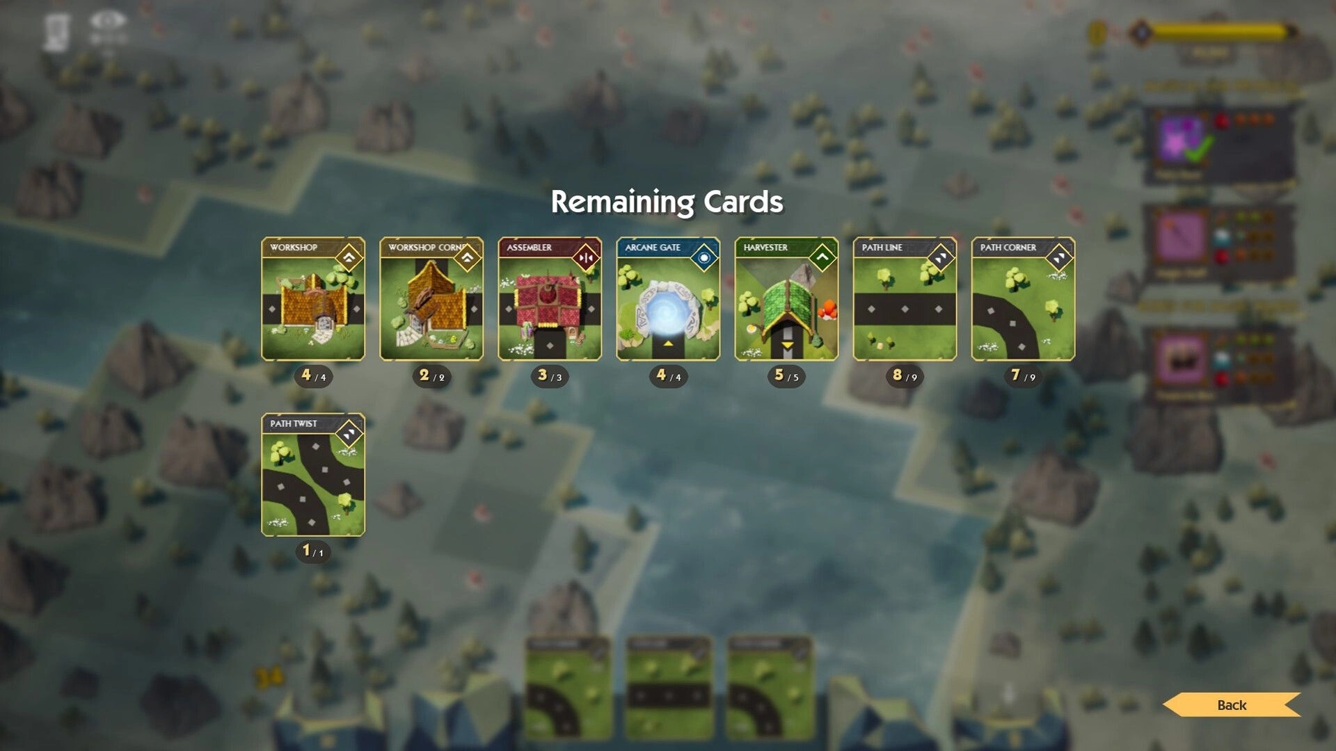 Glintland: Card selection interface showing workshop, arcane gate, and path cards over a map background