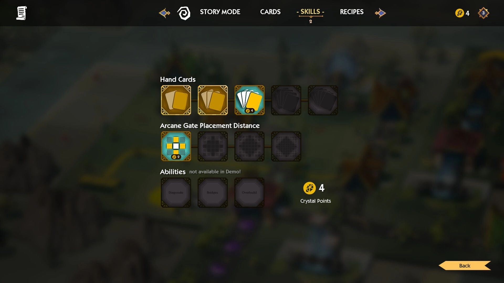 Glintland: Skills menu with hand cards, arcane gate placement, and crystal points in the forest setting.