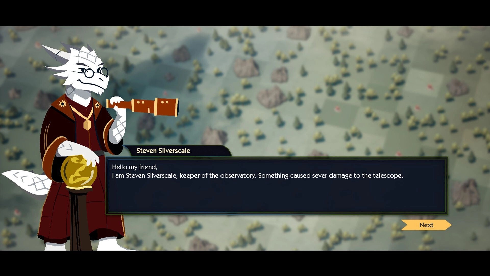 Glintland: Steven Silverscale holds a telescope with dialogue box over a forested landscape background