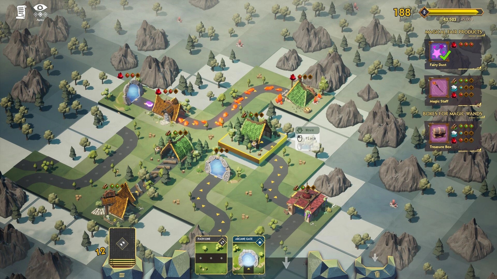 Glintland: Overhead view of village layout with item crafting options and resource paths visible