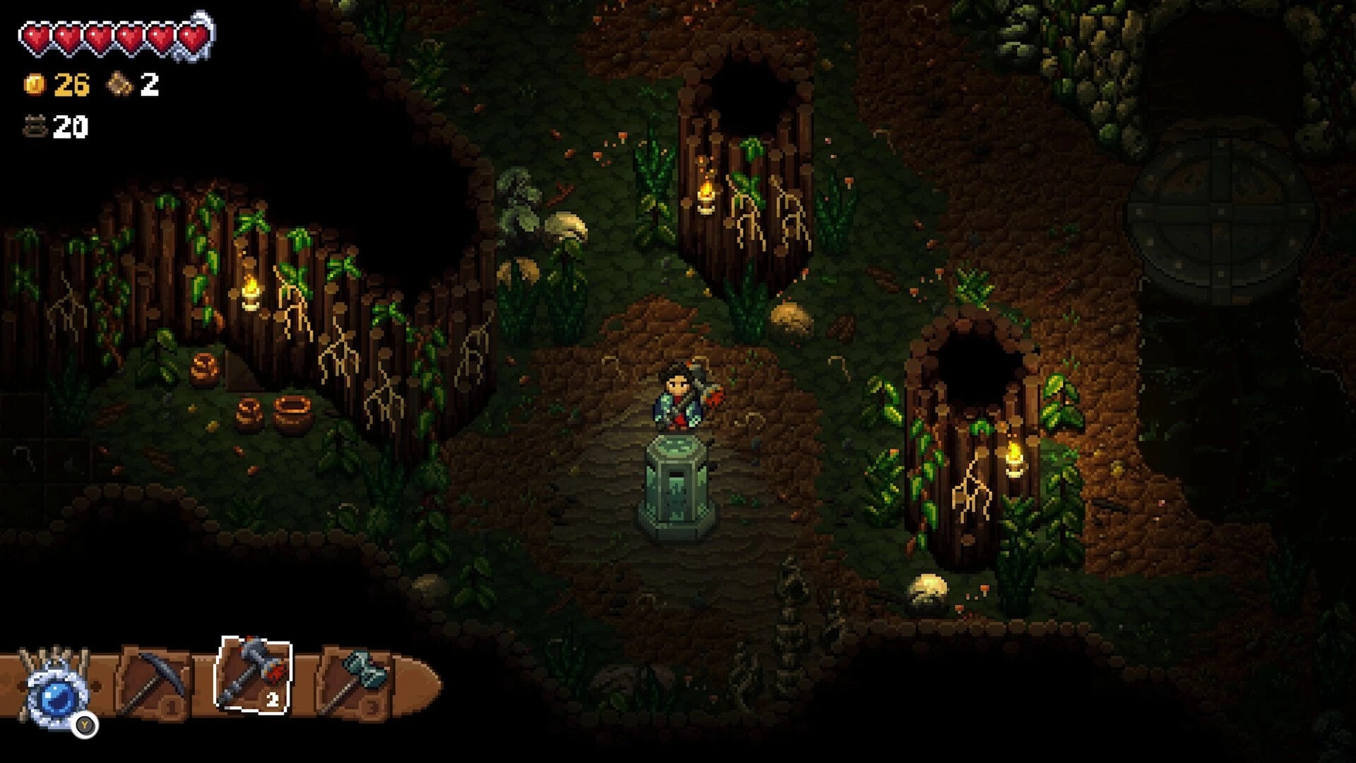 Glintseeker Island: Explorer stands by a stone pedestal in vine-lit cave with hearts and tool bar UI.