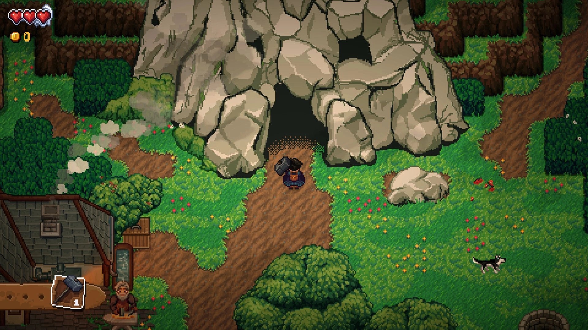 Glintseeker Island: Player stands at a cave entrance with hearts UI, grassy paths, dog nearby.