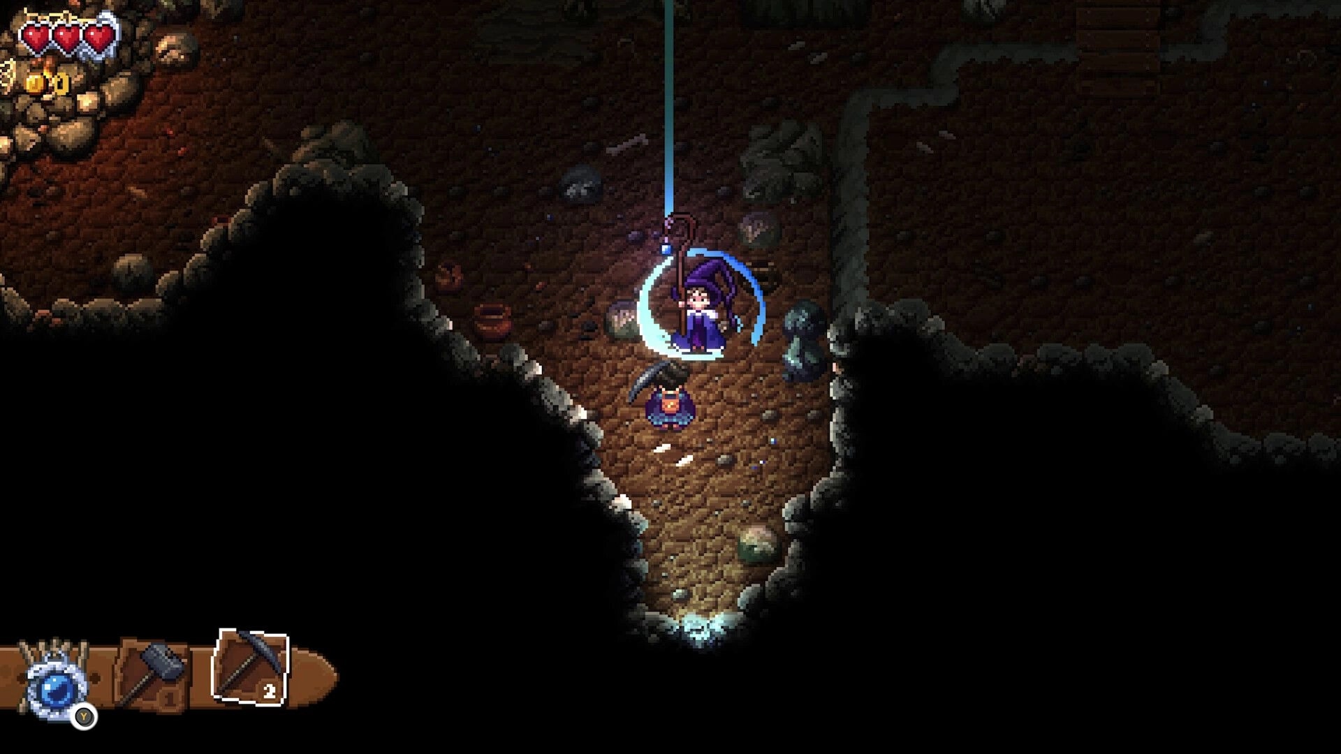 Glintseeker Island: Player swings pickaxe at a robed enemy in a dark cave with hearts and tool UI.