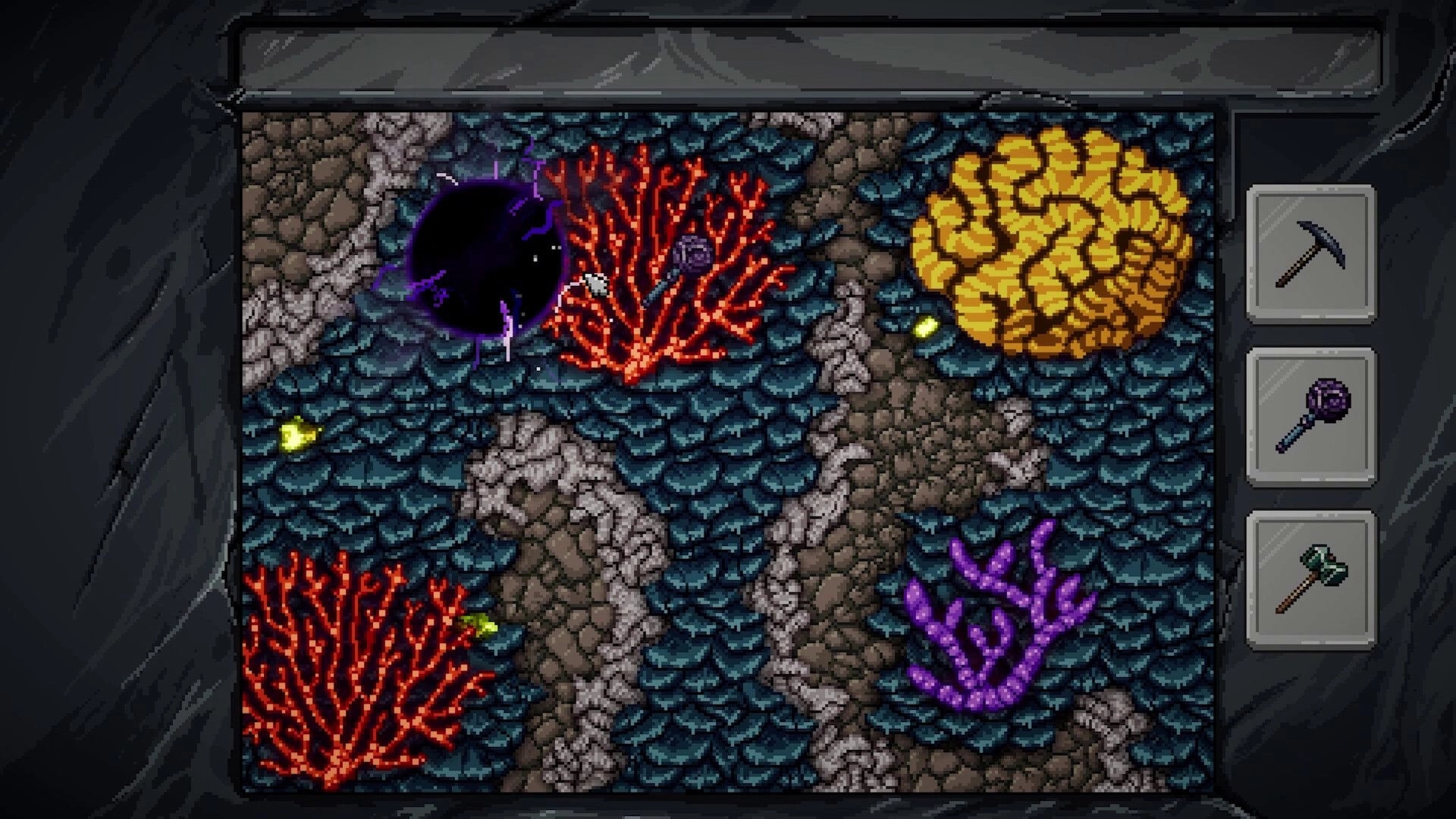 Glintseeker Island: Mining view with glowing ores and coral-like crystals in a rocky cave UI with tools.