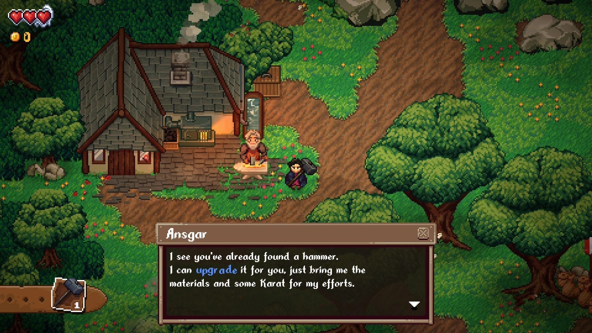 Glintseeker Island: Talking to Ansgar about upgrading a hammer outside a workshop in a forest path.