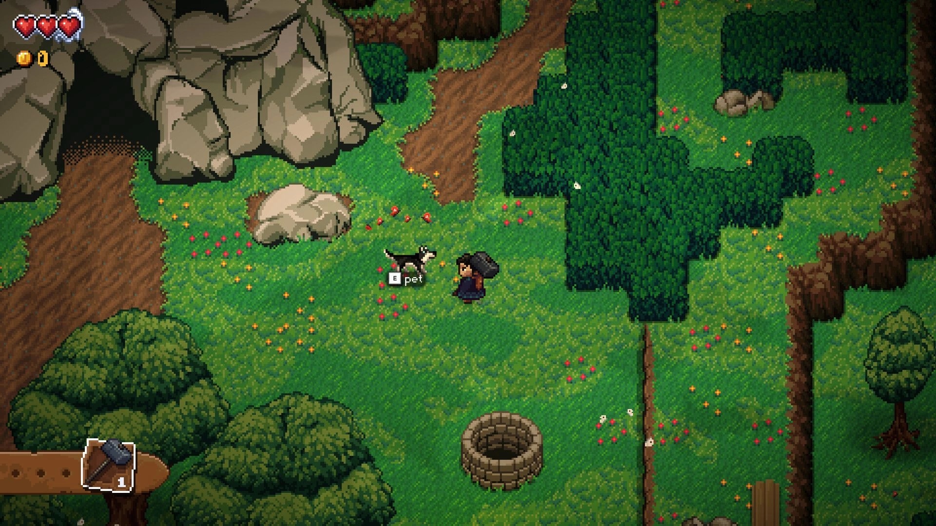 Glintseeker Island: Player pets a dog beside a cave entrance in grassy clearing with hearts UI and well.