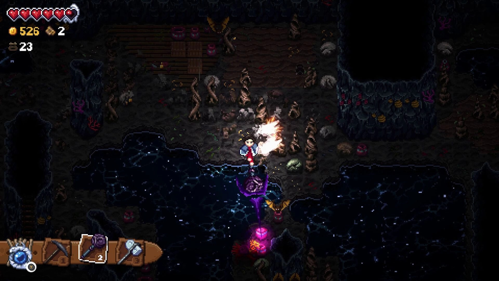 Glintseeker Island: Miner attacks a purple shadow foe in dark cave with hearts, coins, tool bar UI.