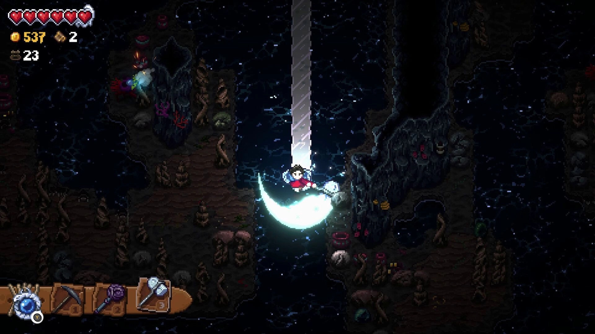 Glintseeker Island: Player swings a glowing pickaxe midair in dark cave with hearts and tool hotbar UI.