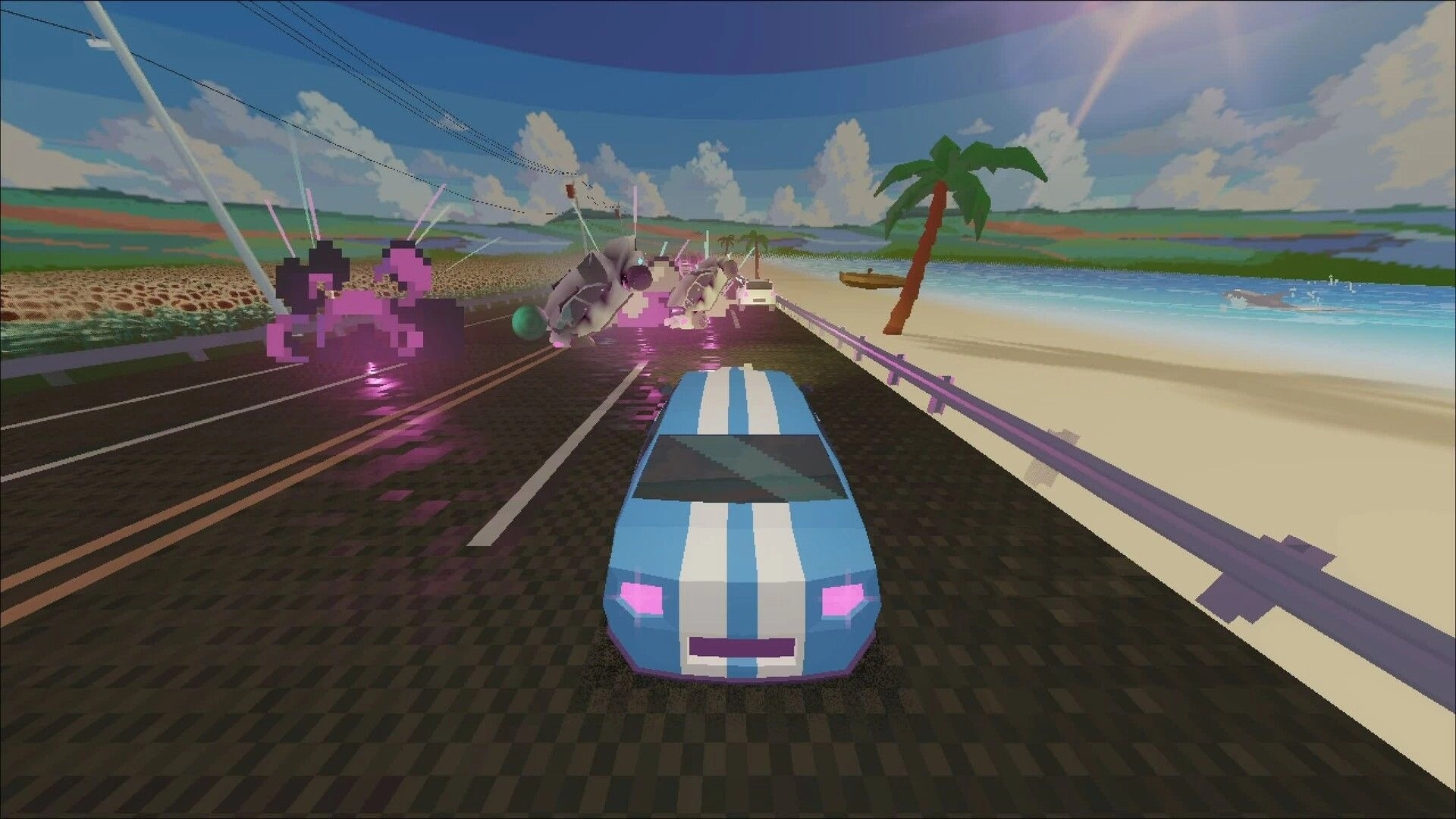 Glitch Gears: Blue car dodging obstacles on a coastal highway with explosions and palm trees nearby