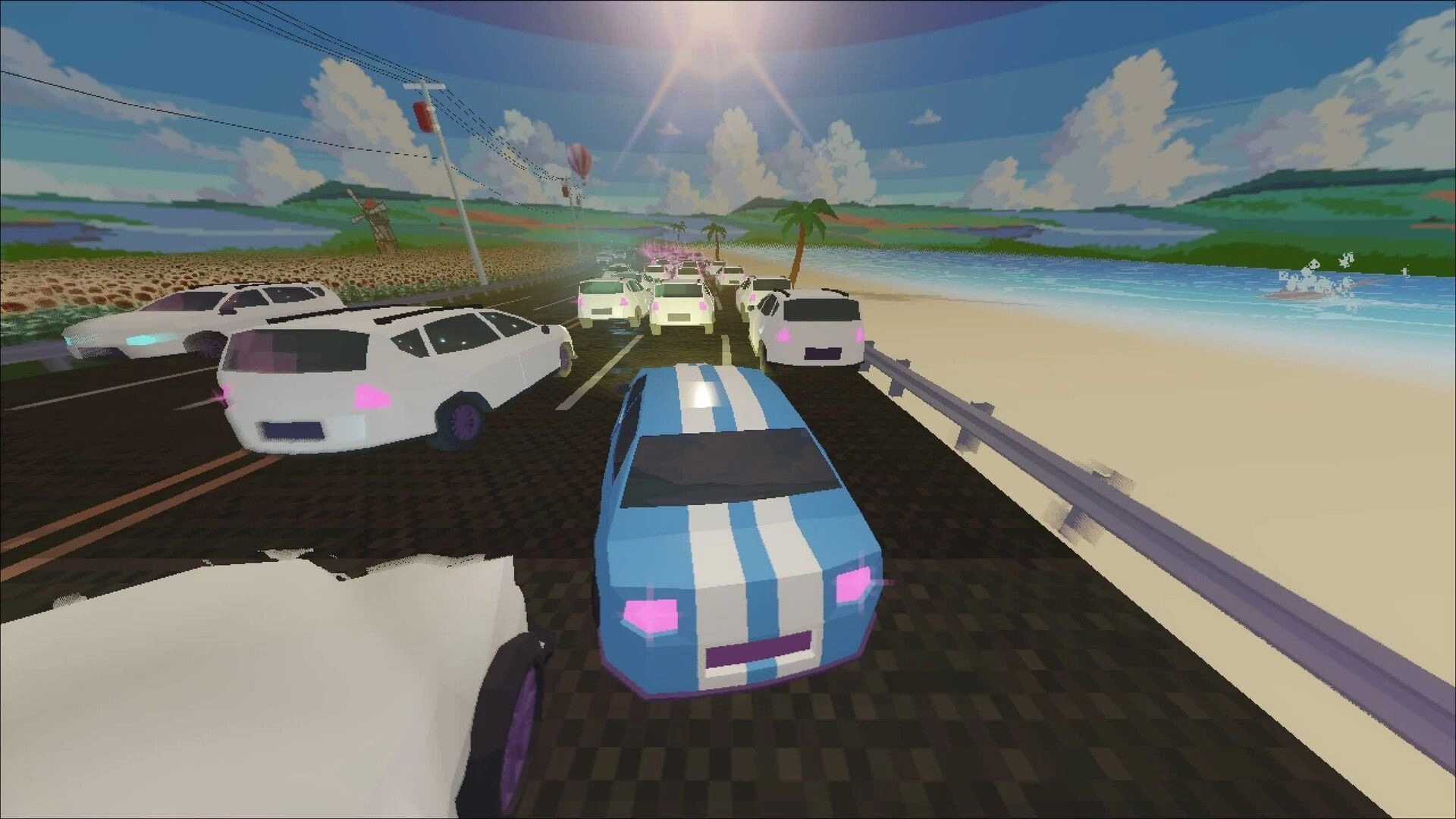 Glitch Gears: Blue car dodging traffic on a sunlit beachside road with palm trees and ocean view