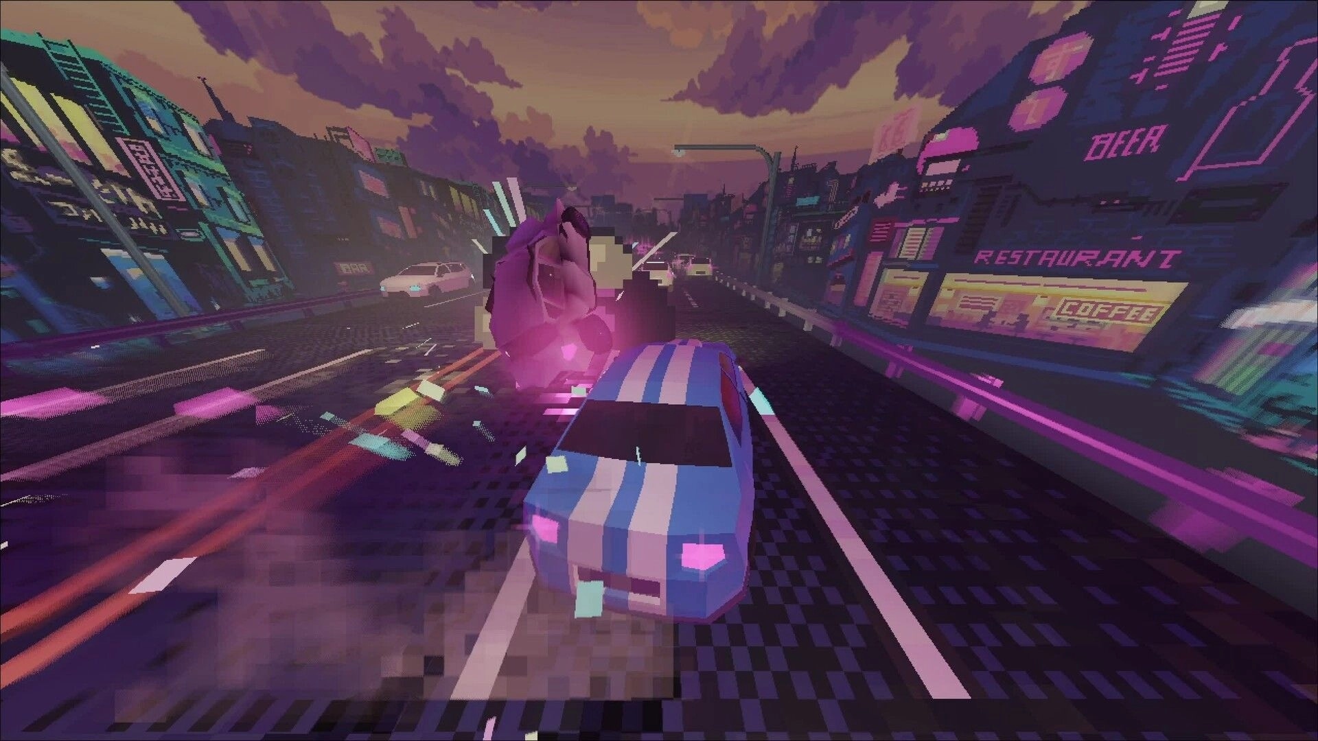 Glitch Gears: Blue car evading obstacles on neon-lit highway in vibrant cityscape at dusk
